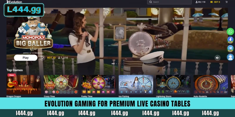 Evolution Gaming live dealer lobby featuring Crazy Time and Lightning Roulette at L444